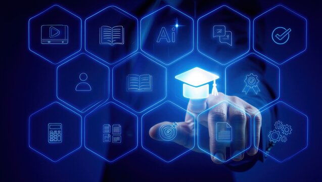 Digital certification and online learning powered by ai education technology, professional accessing secure elearning platform for accredited course assessment and verified credential development