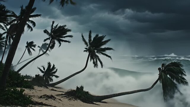 Stormy beach with bent palm trees for environmental projects, nature documentaries, and commercials