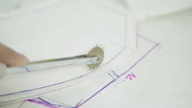 Using tracing wheel on fabric pattern close up fashion design tailoring process