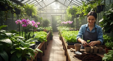 Obraz premium Smiling young woman potting plants in a sunny greenhouse filled with flowers