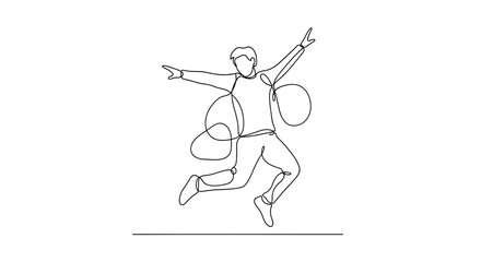 Fototapeta premium Joyful Man Jumping Mid-Air, Arms Wide Open, Celebrating Success, Single Line Art