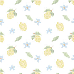 Obraz premium Seamless Cross Stitch Lemon Pattern Blue Floral Embroidery Summer Kitchen Baby Textile Fabric Background