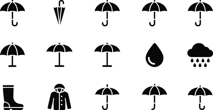 Umbrella icons, raincoat silhouette, rain boot, raindrop, cloud with rain, beach umbrella, weather gear vector set, black grid illustration