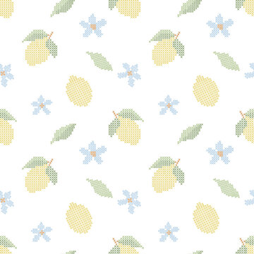 Seamless Cross Stitch Lemon Pattern Blue Floral Embroidery Summer Kitchen Baby Textile Fabric Background