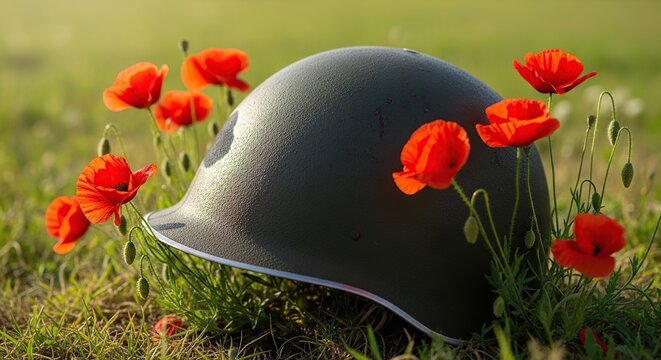 Military helmet surrounded by vibrant red poppy flowers in green grass