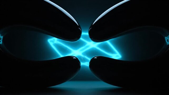 Abstract glowing blue energy nexus between dark organic shapes