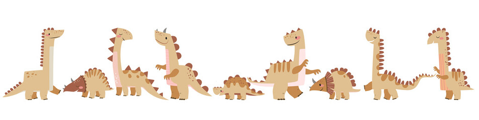 Collection of cute hand drawn dinosaurs horizontal border with brachiosaurus and triceratops for jurassic nursery decor baby shower and kids birthday party © Ilona