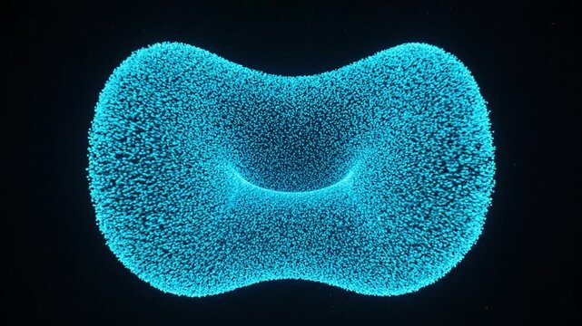 Abstract glowing blue torus particle effect on black background, futuristic motion graphic