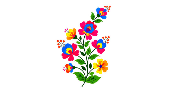 Vibrant Folk Art Floral Design with Bright Colors on a Black Background