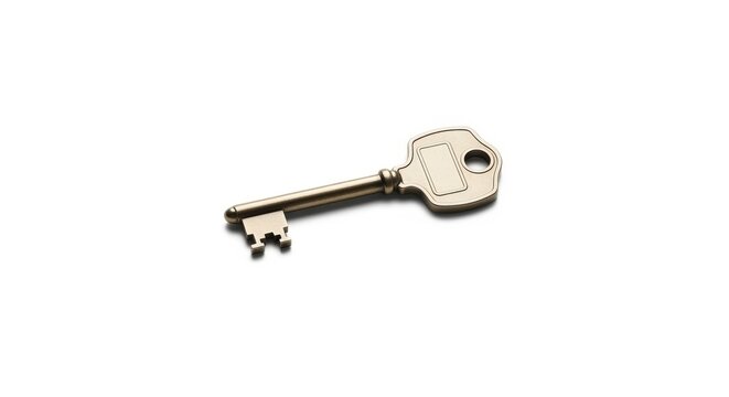 A single antique brass key with a hole in the head on a white background, symbolizing security and access