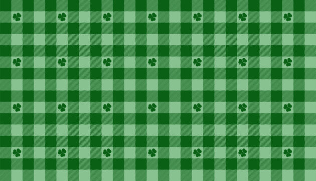 Green Irish gingham plaid seamless pattern with clover. Abstract vector illustration