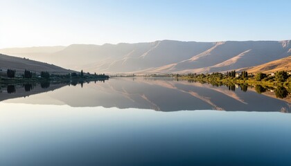 Obraz premium a calm lake reflecting surrounding mountains and trees. The mountains and trees create a serene setting near the lake.