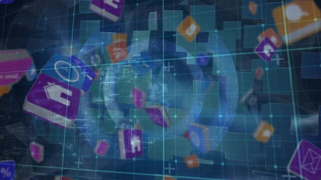 Animation of digital data processing over icons, grid and squares