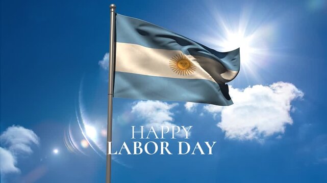 Animation of happy labor day text over flag of argentina and clouds