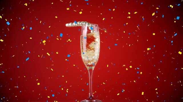 Confetti falling and beads necklace falling in champagne glass against copy space on red background