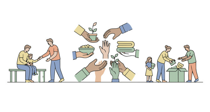 Hands sharing and giving charity donation of food and clothes showing community support, care, and exchange helping others