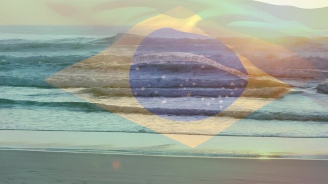 Composite video of waving brazil flag against beach and sea waves