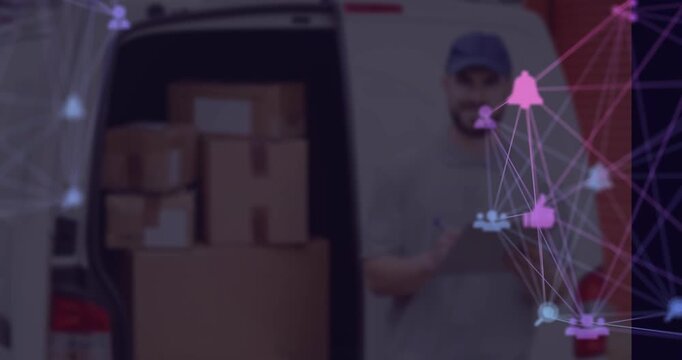 Animation of media icons over caucasian male deliverer