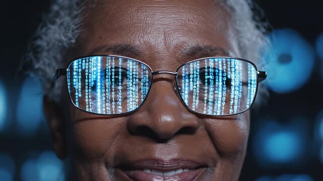 Elderly person with binary code in glasses for commercial backgrounds, digital design, and advertising