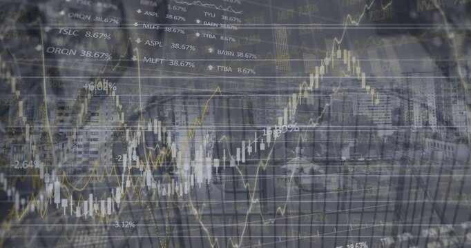 Animation of financial data and graphs over supermarket cart