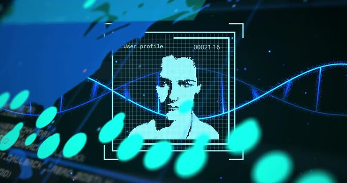 Animation of user icons, graphs, dna, world map on black background