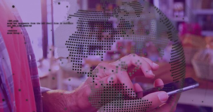 Animation of data processing with globe over caucasian man using smartphone