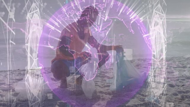 Animation of data processing and globe over african american man cleaning beach