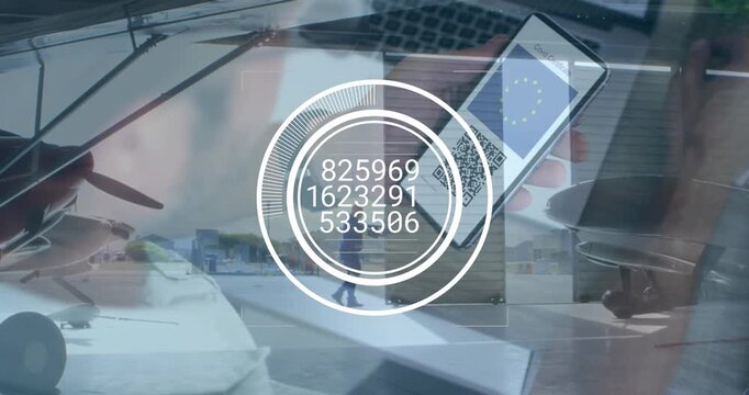 Animation of data processing over smartphone with qr code and airport