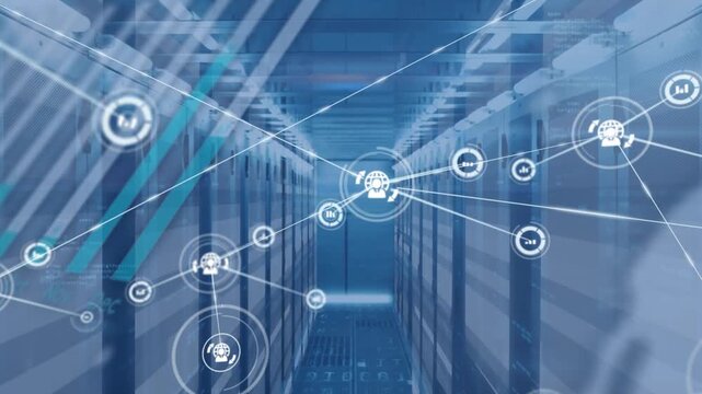 Animation of network of data icons with charts and graphs processing over computer server room