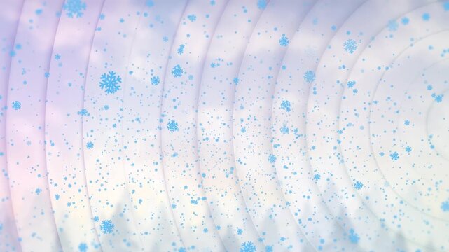 Animation of circles and snow falling over winter landscape at christmas