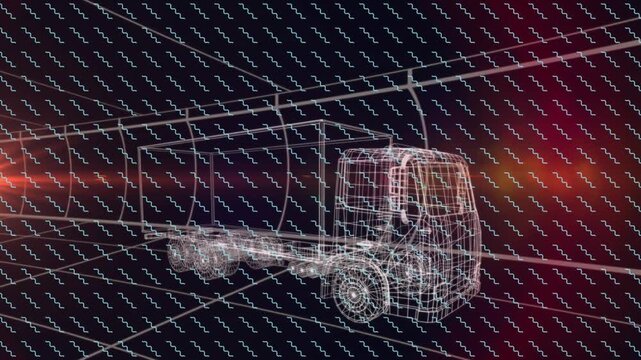 Animation of shapes and light trails over digital truck on black background