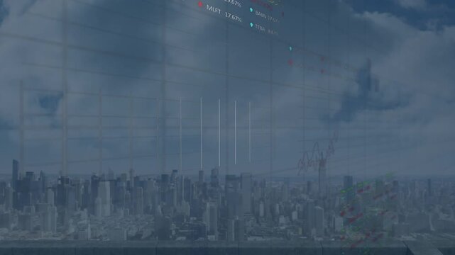 Animation of graphs and trading board over aerial view of cityscape with dense clouds in sky