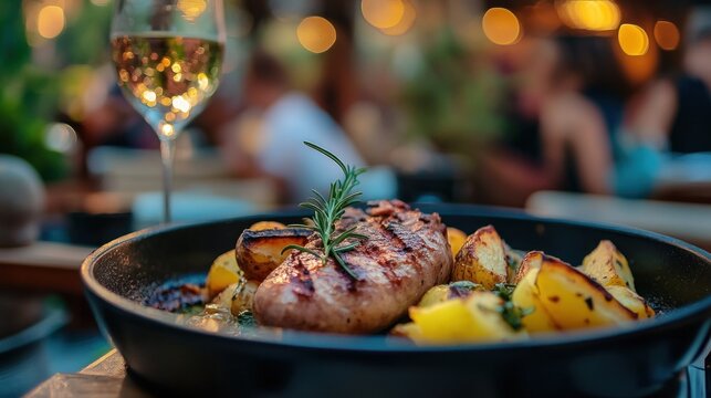 Grilled pork with roasted potatoes in a pan, wine glass in foreground, outdoor setting