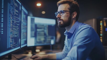 Fototapeta premium Focused programmer at night, multiple screens