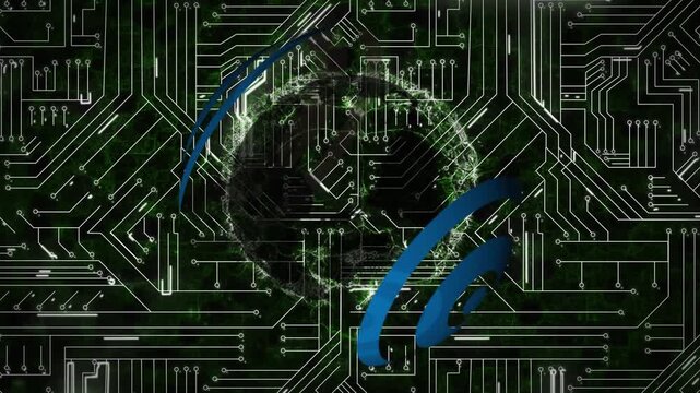 Animation of globe and integrated circuit on black background
