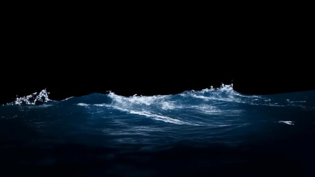 Water wave cinematic shot with dynamic splash and foam, dark background, deep blue ocean featuring sea, liquid, motion with nature and environment