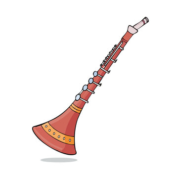 Illustration of a traditional red wind instrument with decorative bands