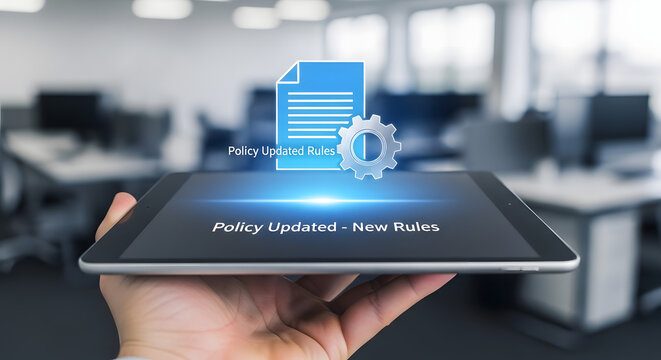 Tablet displaying a document with text on screen, signifying policy updated rules
