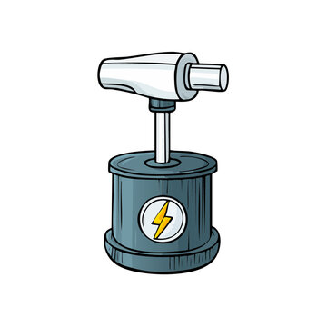Cartoon illustration of a vintage detonator with a lightning bolt symbol for power