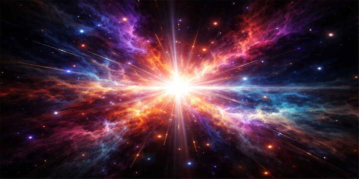 A bright nebula glows within a dark abstract space background where stars and energy explosions shine across a deep blue and purple fantasy universe galaxy