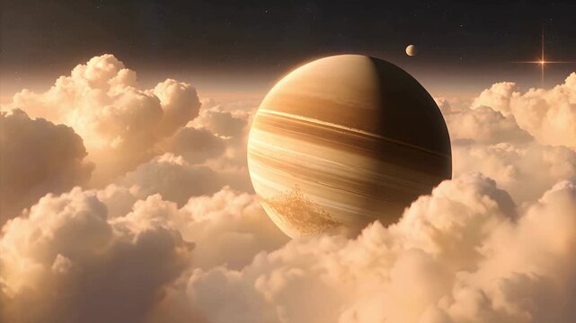 Jupiter planet, cloudy space background, astronomy, gas giant, orange beige colors