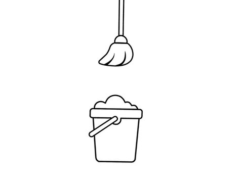 animation of a floor mop with a bucket filled with soap suds