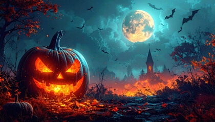 Noche de Halloween tenebrosa con una calabaza iluminada bajo la luna llena cerca de una iglesia embrujada.
