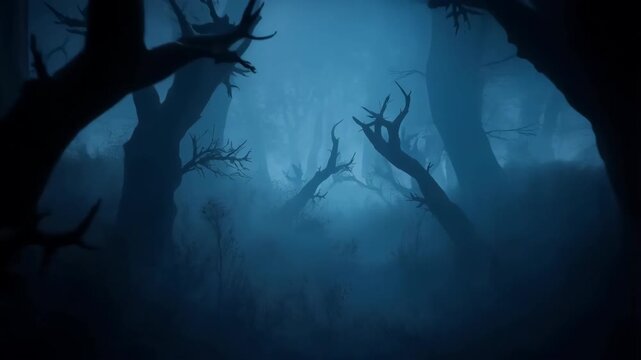 Trees gnarled and bare in a misty, dark blue forest, eerie atmosphere. featuring mist, fog, spooky with mysterious and night elements for woodland,