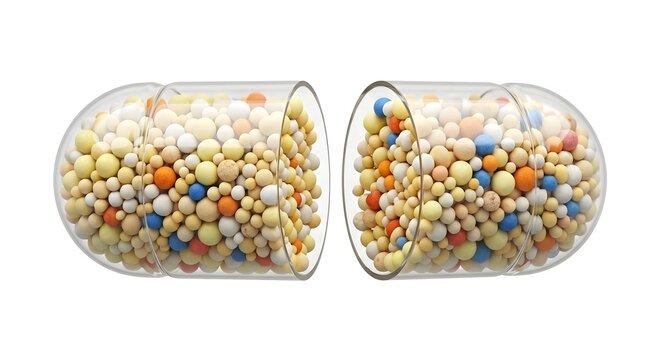 Detailed Cutaway View of a Medical Pill Capsule with Micro-Granules Isolated on White