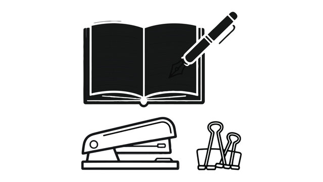 Stationery essentials: A minimalistic illustration featuring a classic open book, a sleek pen, a sturdy stapler, and two versatile binder clips, set against a pristine, uncluttered backdrop.