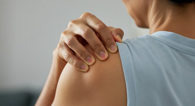 Close up of hands massaging a sore shoulder blade, shoulder pain symptom, photorealistic, shallow depth of field