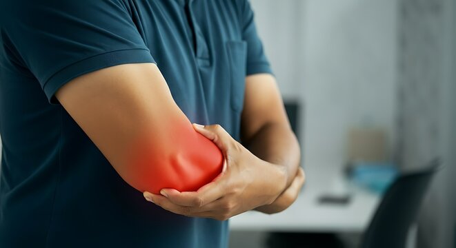 Close up of hands massaging a sore elbow joint, elbow pain, tennis elbow symptom, photorealistic, shallow depth of field