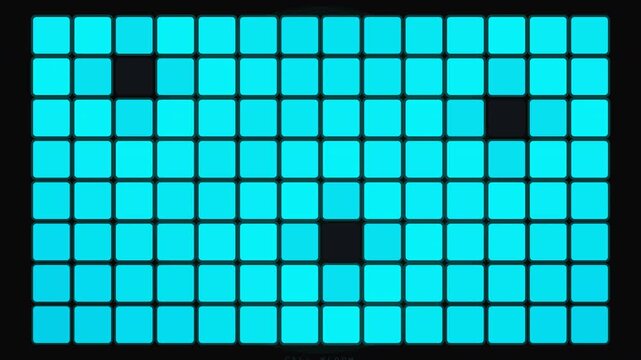 Grid pattern of glowing blue squares with dark spots. Great for abstract backgrounds, tech concepts, and digital design projects. ProRes 4444 Alpha Channel