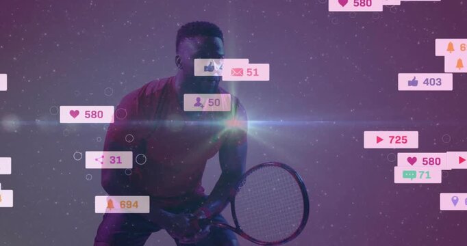Tennis player spotting floating marketing metrics icons, executing forehand swing clearing clutter